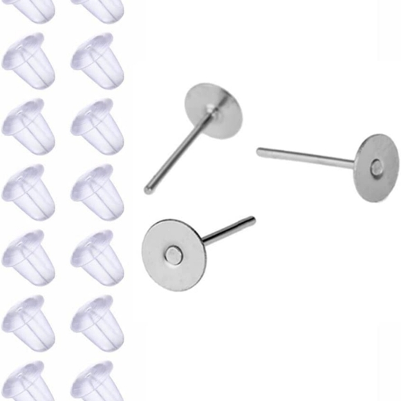 Gold and Silver Earring Posts Flat Pad Blanks Pin Studs and Clear Rubber Backs - Picture 3 of 6